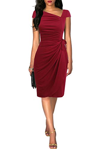 Image of Women's Vintage Cap Sleeves Asymmetrical Neckline Sheath Bodycon Casual Work Cocktail Party Pencil Faux Wrap Dresses