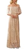 HOYISHION Women's Off The Shoulder Lace Maxi Wedding Dress Boho Flowy Long Evening Party Formal Gown for Brides Apricot