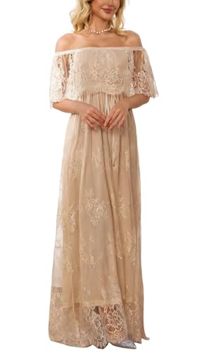 Image of HOYISHION Women's Off The Shoulder Floral Lace Maxi Dress White Bridesmaid Wedding Party Maternity Photoshoot Long Dresses