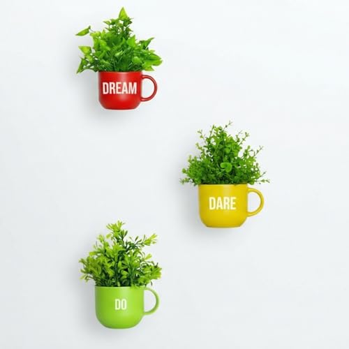 Image of Dekorly Colorful Wall-Mounted Mug Planters with Faux Greenery(20 CM)- Wall Decorative Pots for Vibrant Home & Office Decor| (3, Dream Dare Do)