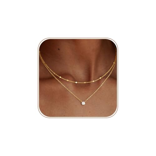 Coshilta Layered Gold Necklace for Women Trendy，Dainty 14K Gold Plated CZ Pendant Layered Gold Necklaces Set Choker Necklaces Simple Cubic Zirconia Necklace Stack Chain Jewelry Gift