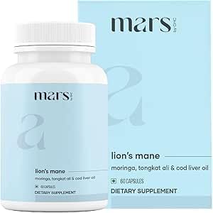 mars by GHC Tapas de melena de león (60N) Alimentado con polvo de moringa, aceite de hígado de Tongkat Ali y bacalao (60 N)  100% puro y natural