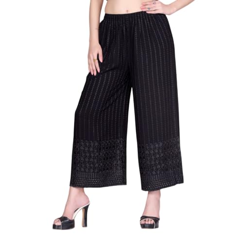 Image of VIVIKA Chikankari Palazzo Pants for Women |Rayon Wide Leg Ethnic Palazo with Embroidery | Comfortable Elastic Waist Women's Palazzo for Casual, Festive & Office Wear
