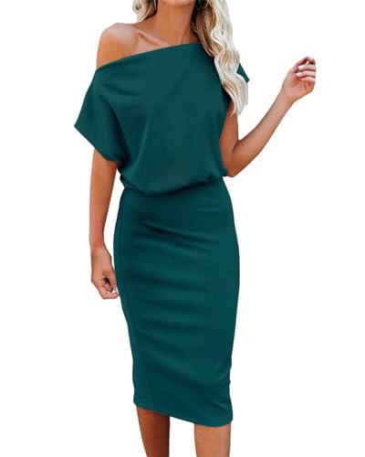 Dressmine Damen Midi-Kleid, kurzärmelig, schulterfrei, Abendkleid, Party, formelle Cocktailkleider, Schwarzes Grün, M