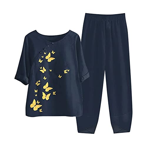 Btlyuioape Workout Sets For Women 2023, Flower Print Half Sleeve Round Neck Two Piece Outfits Casual Summer Lounge Set 03-Navy Small #TOP2