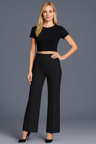 Image of SWADESI STUFF Women's High Waisted Bell Bottom Pants | Retro Wide Leg Trousers | Stretchy Flared Palazzo Pants for Office, Casual Wear & Party