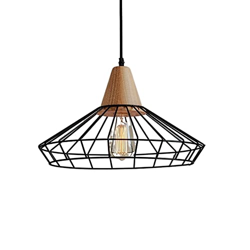 Chandelier MMRTDJDR vintage en bois et cage métal noir avec douille E27 pour plafond rétro