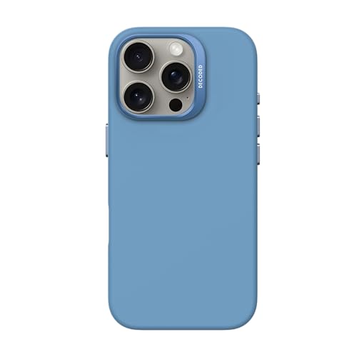 DECODED Coque en Silicone pour iPhone 16 Pro, Finition Soft-Touch Premium, Revêtement Antibactérien, Compatible MagSafe, Protection Antichute, Résistante aux Rayures, Boutons Métalliques, Bleu