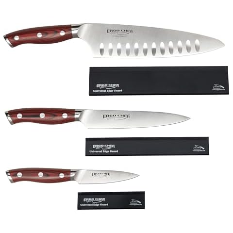 Ergo Chef Crimson Series 6 Pc. Set 8-In Chef knife, 6-In Boning Utility Knife, 3.5-In Paring Knife, 3 Knife Covers/Edge Guards Forged German X50CrMoV15 Stainless Steel, Durable G10 Handles Cover