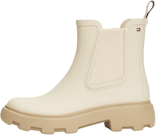 Tommy Hilfiger Botas de lluvia Mujer Rubber Rainboot con tacón de plataforma, Marfil (Newsprint), 37