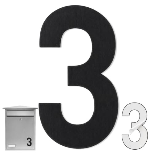 Numero 3 casa, Número Tres hogar, Número 3 para puerta, Número para pared, Número 3 buzón, Acero inoxidable 304, 75 mm alto x 47 mm ancho, Adhesivo, Negro