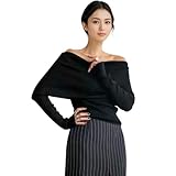 [blue beryl] [ブルーベリル] オフショルダー ニット トップス 長袖 タイト フィット 無地 シンプル オフショル レディース フェミニン セーター ブラック BB092-BK-S