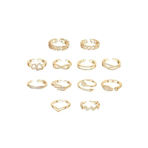 12PCS Toe Rings for Women 14K Gold/Silver Plated Adjustable Toe Ring Set Open Heart Arrow Infinity Rings Beach Foot Jewelry for Summer