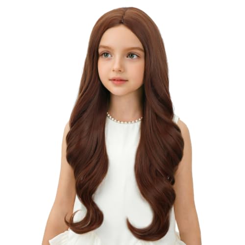 Image of Kids Ginger Orange Wig Long Dark Orange Wavy Curly Wig for Child Girls Long Ginger Middle Part Wigs Heat Resistant Synthetic Wigs with Cap