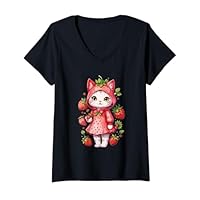 Womens Strawberry Kitten Rain Coat V-Neck T-Shirt