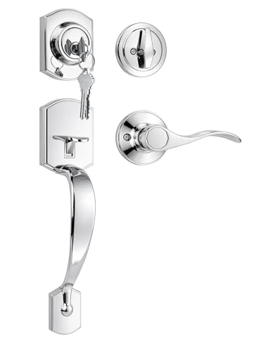 Image of Tinewa Camelot Front Door Handle and Deadbolt Set, Bright Chrome Front Door Lock Set, Upgated Entry Door Handle with Accent Wave Door Lever with Reversible Handle Lever, 1 Pack