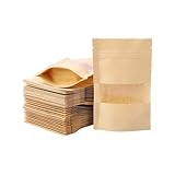 100 bolsas de papel kraft con ventana, bolsa de pie reutilizable, bolsa de embalaje de alimentos resellable para panaderías, cafeterías, supermercados (9 x 14 x 3 cm)