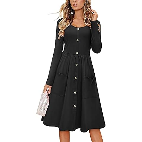 VOTEPRETTY Women's Long Sleeve Dress Knee Length Casual Midi Autumn Dress for Women UK with Pockets for Winter(Black,L) Cover