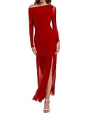 Picture of HYPERFIRE Women's Formal Wedding Guest Dresses Mesh Long Sleeve Off The Shoulder Asymmetrical Maxi Dress Red Large