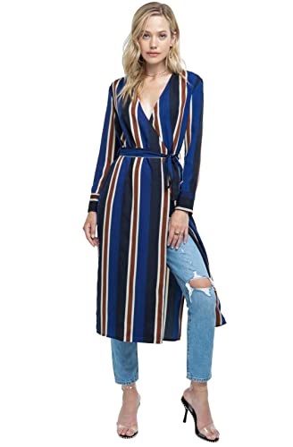 ASTR the label Women's Long Sleeve Tie Front Wrap Midi Dress, Blue Stripe, M