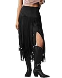 Locachy Womens Faux Suede Fringe Trim Midi Skirt Casual High Waist Bodycon Skirt Black XL