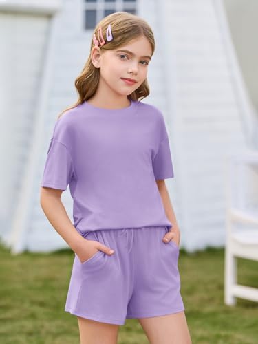 Image of Haloumoning Girls Summer 2 Piece Outfits Kids Oversized T Shirts and Shorts Clothing Sets 5-14 Years