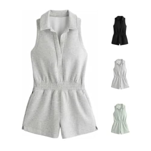 Duyifan Romper polo punto para mujer, cuello en V mono corto de talla grande, elegante de verano bolsillos con, Cintura elástica conjunto acogedor sin mangas (Gray,S)