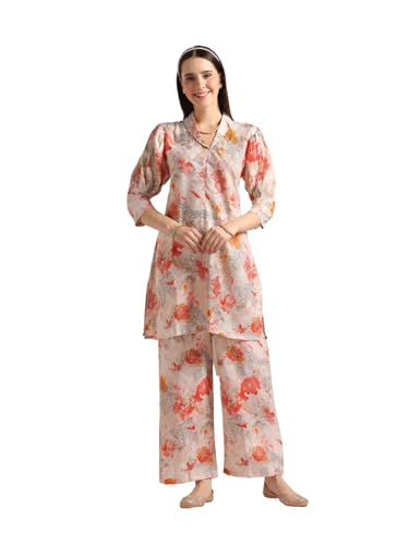 Leriya Fashion Women Cotton Co Ord Set Stylish|Anarkali Kurta Set Printed Kurta & Straight Pant|Festive Indian Traditional Outfit For Functions & Puja|Trendy Travel & Streetwear Look|3/4 Half Sleeve
