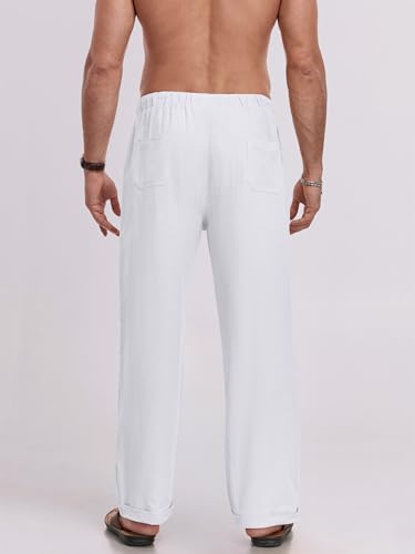 Puimentiua Leinenhose Herren,Lang Leichte Sommerhose,Loose Fit Sommer Leinen Hose,Baumwollehosen mit Tunnelzug und Reißverschluss (Weiß,M)