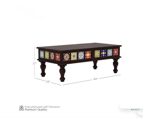 Sheesham Wood Rectangle Center Coffee Table for Living Room | Centre Table for Drawing Room, Office & Home | Multicolor Tiles Design| Walnut Finish