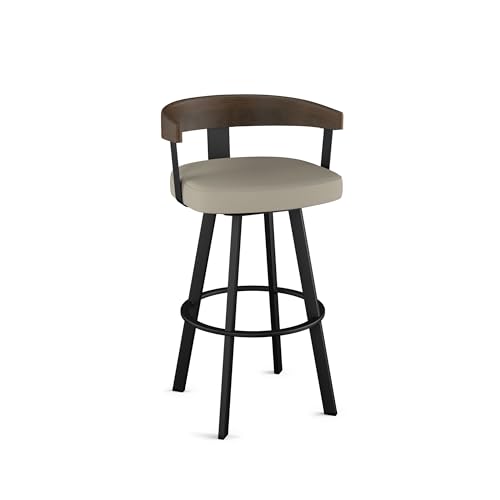 Image of Amisco Lars 26 inch Swivel Counter Height Barstool, Upholstered Stool with Solid Wood Back and Arms for Kitchen Island or Bar, Drees Stool, Greige Faux Leather /Brown Wood /Black Metal