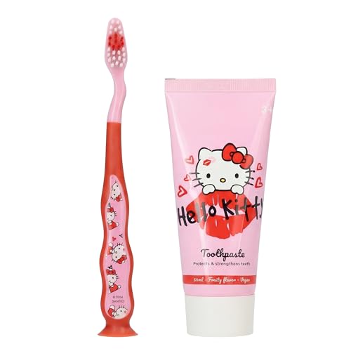Hello Kitty - Set di spazzolini da denti per bambini, con dentifricio, setole morbide con ventosa, per ragazze e ragazzi dai 3 anni in su, set di spazzolini da viaggio fluoruro, rosa, 50 ml