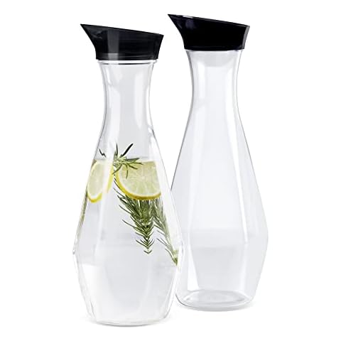GrandTies 2 Pack 51oz Diamond Shape Acrylic Pitcher with Auto-Close Lid, Clear Plastic Water Pitcher, Fridge jug, Tea, Bedside Carafe, Lemonade Pitcher, Juice, Brunch Decorations, Mimosa bar, Milk Cover