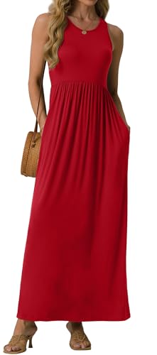GRECERELLE Women's Summer Sleeveless Casual Long Tank Maxi Dress with Pockets, Red, L