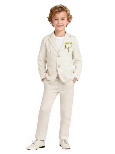 LOLANTA - LOLANTA Boys Linen Outfit Spring Fall Suit Jacket High Waisted Pants Slim Fit Suit Birthday Gifts (Beige, 7-8 Yrs)