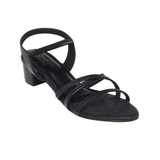 MONROW Sadie Leather Block Heels for Women, Black, UK-6 | Fancy & Stylish Heel sandals, Casual, Comfortable Fashion Heel Sandal (B0BR17WCSQ) Amazon Price History, Amazon Price Tracker