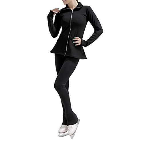 Dagord Figure Skating Training Suit, Elegant Solid Color Flared Hem Elastic Warm Women's Girl's Ice Skating Training Jackets And Pants Leggings Sets,3Xl,Black #TOP3