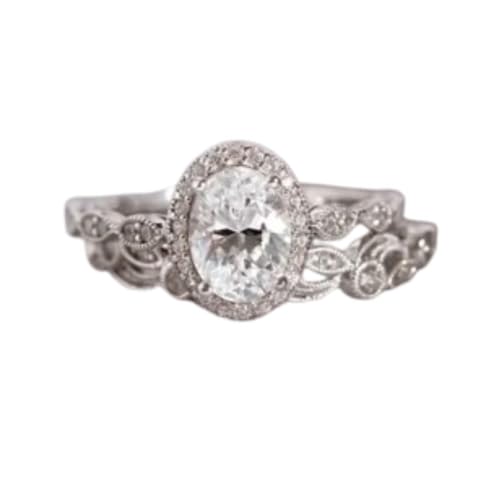 Silvart 1.25 Ct Oval Cut Diamond Art Deco Bridal Ring Set Wedding Halo Engagement Ring Leaf Vine Retro Vintage Look Dainty Fancy Milgrain Shank Design Ring Delicate Anniversary Matching Ring Set