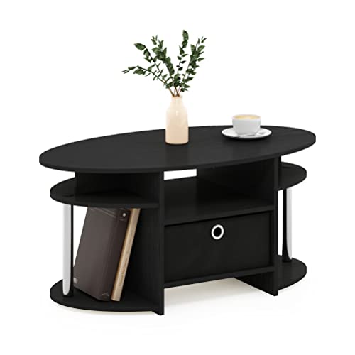 Furinno Jaya Table Basse Ovale avec Poubelle, Engineered Wood, Americano/Acier Inoxydable/Noir, Lot de 1