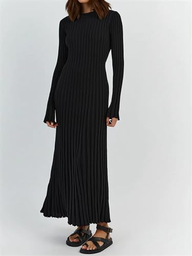 Image of Women's Long Sleeve Sweater Dress Ankle Length Fall Dress Vneck Knit Winter Dress
