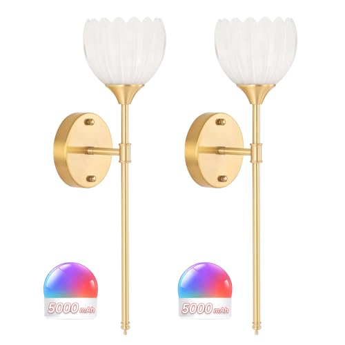 Image of Shenmoyl Battery Operated Wall Sconce Set of 2, White Tulip Vintage Wall Light Fixture Rechargeable 5000mAh Battery Powered Wall Lamp with Remote for Living Room Bathroom