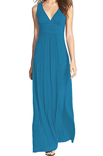 WOOSEA Women Sleeveless Deep V Neck Loose Plain Long Maxi Casual Dress Cyan Blue