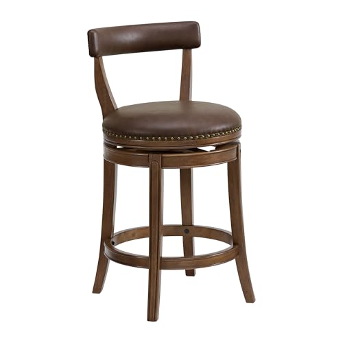 Image of ROME + OAK Ruxban 26 inch Counter Stool, Set of 4 Low Back Swivel Barstools in Walnut Finish with Saddle Brown Vegan Leather Seat - Indoor Home Furniture