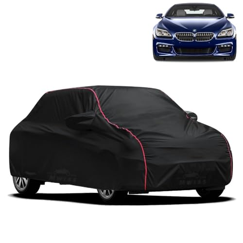 Image of Waterproof Car Cover for BMW 640D | All-Weather Protection, Dustproof & UV Resistant | Triple Stitched Mirror Pockets, Windproof Buckle Strap with Elastic Hem, Black-Red Piping