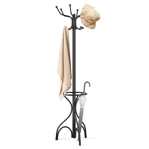 HOMASIS Perchero de pie de metal, perchero de pie con 12 ganchos y paragüero, colgador de ropa, ahorra espacio para entrada, pasillo, oficina, 54 x 190 cm, negro
