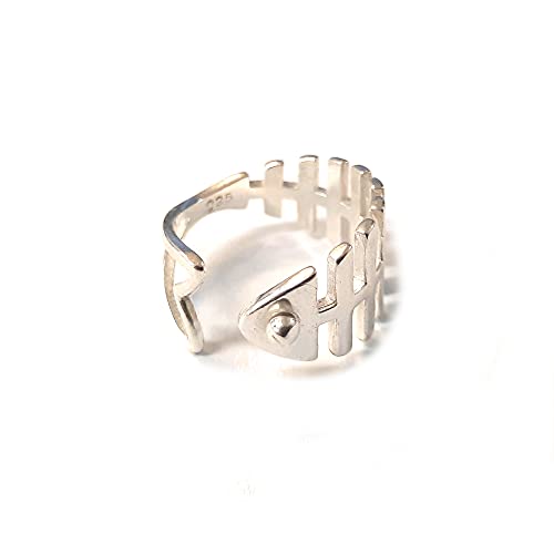 Bague en argent sterling 925 véritable massif motif arête de poisson ciselé