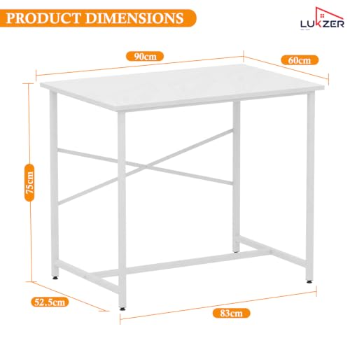 Image of Lukzer X-Support Study Table for Home & Office (MST-008-White & White) Metal & Engineered Wood Laptop & Computer Workstation Desk for Students & WFH, DIY Spacious Tabletop (90x60x75cm)