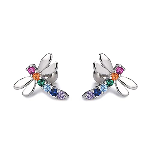 20g Dragonfly CZ Rainbow Colorful Minimalist Real 925 Sterling Silver Tiny Mini Cute Small Cartilage Stud Earrings for Women Teen Girls Little Sensitive Ear Dainty Simple Huggie Piercing Post Screw