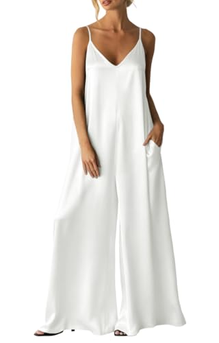 EGOCKAL Womens Satin Wide Leg Jumpsuits Dressy Casual Flowy Spaghetti Strap Date Night Rompers One Piece Outfits