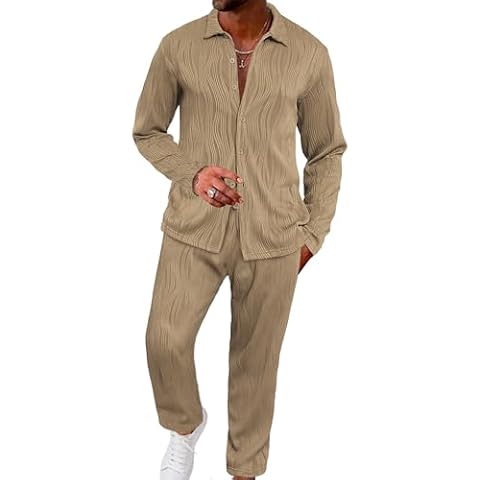 UOUA Mens 2 Piece Outfits Casual Long Sleeve Button Down Shirt & Pants Sets Beach Summer Loose Pant Suits Tracksuits Khaki M Cover